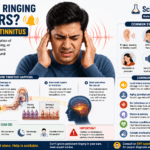 Man holding both ears while experiencing sudden ringing and tinnitus symptoms, with sound wave effects, ear anatomy diagrams, damaged hair cell illustrations, and sections explaining common symptoms, causes, and management tips