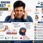 Man holding both ears while experiencing sudden ringing and tinnitus symptoms, with sound wave effects, ear anatomy diagrams, damaged hair cell illustrations, and sections explaining common symptoms, causes, and management tips