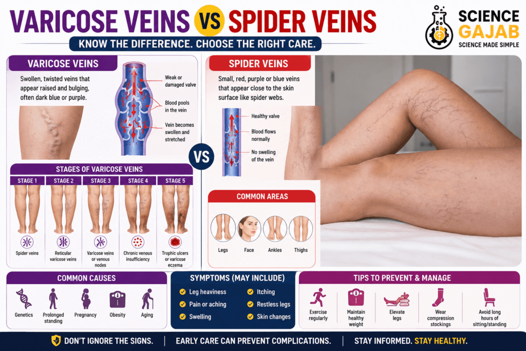 Infographic comparing varicose veins and spider veins with medical illustrations of affected legs, vein structure diagrams, stages of varicose veins, symptoms, causes, prevention tips,