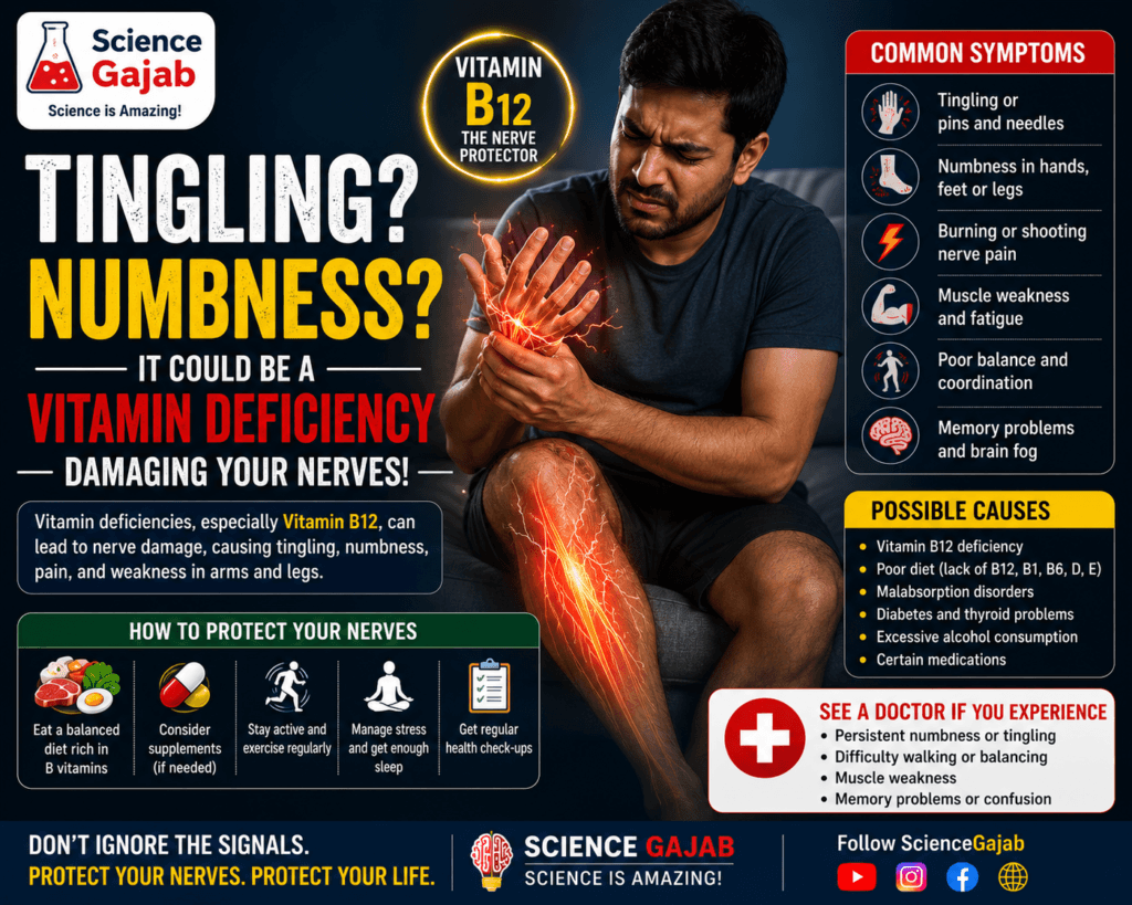Featured medical infographic showing a man experiencing tingling, numbness, and nerve pain in his hand and leg due to vitamin deficiency. Highlights Vitamin B12 deficiency symptoms including pins and needles sensation, burning nerve pain, muscle weakness, poor balance, and brain fog. Includes prevention tips, possible causes,
