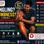 Featured medical infographic showing a man experiencing tingling, numbness, and nerve pain in his hand and leg due to vitamin deficiency. Highlights Vitamin B12 deficiency symptoms including pins and needles sensation, burning nerve pain, muscle weakness, poor balance, and brain fog. Includes prevention tips, possible causes,