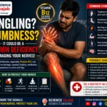 Featured medical infographic showing a man experiencing tingling, numbness, and nerve pain in his hand and leg due to vitamin deficiency. Highlights Vitamin B12 deficiency symptoms including pins and needles sensation, burning nerve pain, muscle weakness, poor balance, and brain fog. Includes prevention tips, possible causes,