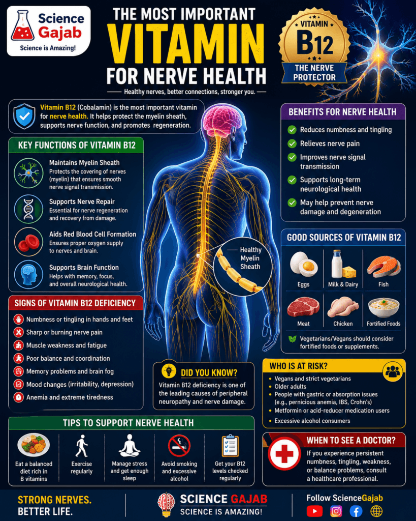 Medical infographic about the most important vitamin for nerve health, highlighting Vitamin B12 with a glowing human nervous system illustration. Includes benefits of Vitamin B12 for nerve repair, myelin sheath protection, brain function, and nerve signal transmission. Shows deficiency symptoms like numbness, tingling, fatigue, and balance problems, along with food sources such as eggs, fish, dairy, and meat. Features ScienceGajab branding with bold healthcare awareness design.