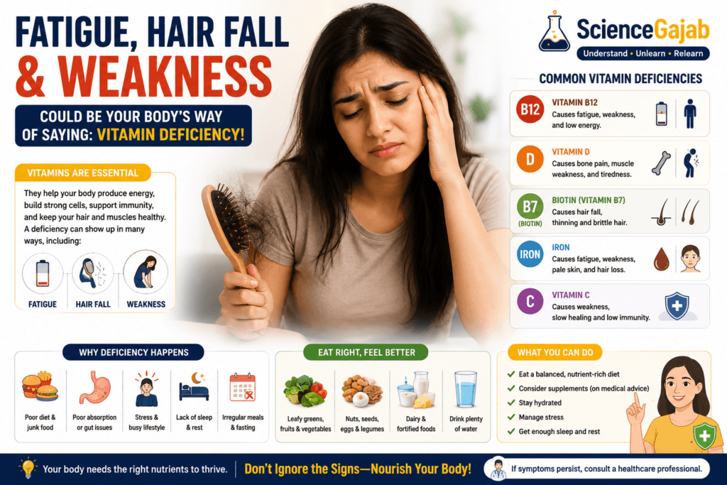 Tired woman holding a hairbrush with visible hair fall while experiencing fatigue and weakness due to vitamin deficiency, with infographic sections explaining common deficiencies like vitamin B12, vitamin D, biotin, iron, and vitamin C