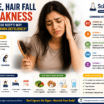Tired woman holding a hairbrush with visible hair fall while experiencing fatigue and weakness due to vitamin deficiency, with infographic sections explaining common deficiencies like vitamin B12, vitamin D, biotin, iron, and vitamin C
