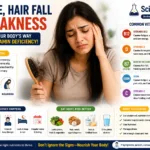 Tired woman holding a hairbrush with visible hair fall while experiencing fatigue and weakness due to vitamin deficiency, with infographic sections explaining common deficiencies like vitamin B12, vitamin D, biotin, iron, and vitamin C