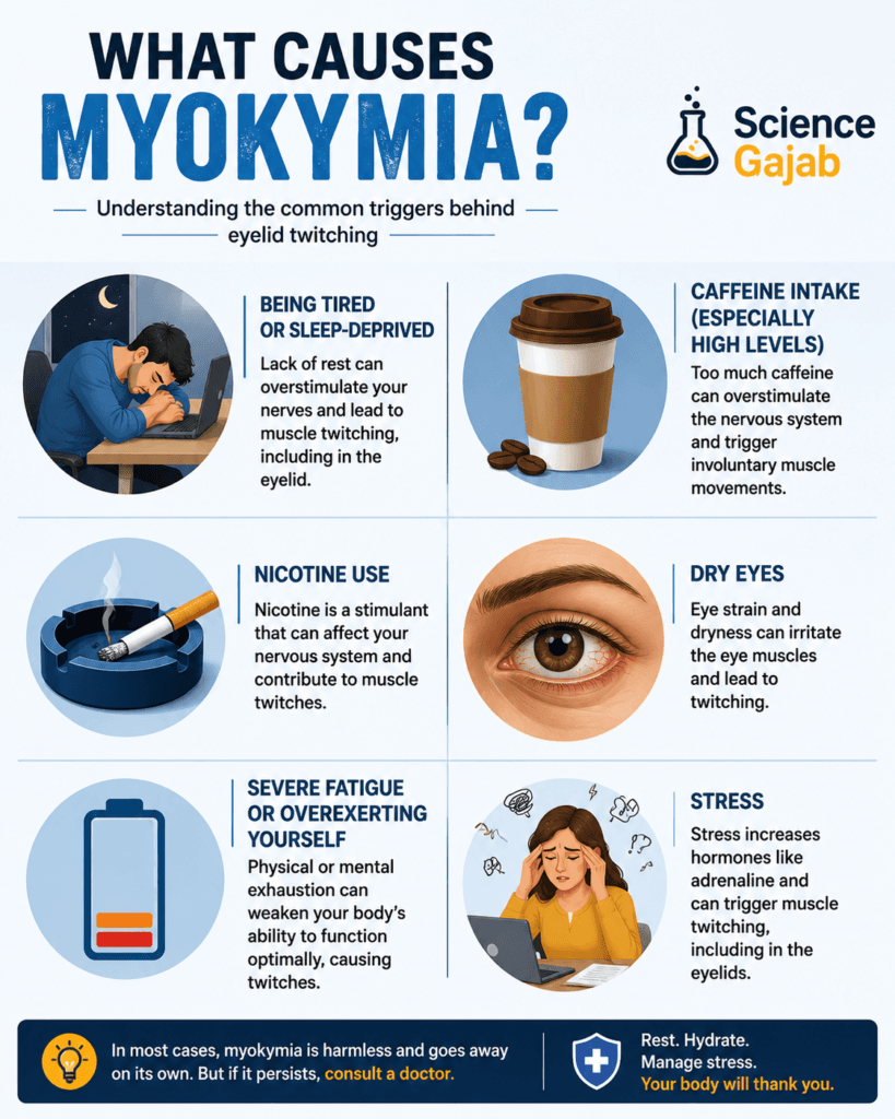 Educational infographic explaining common causes of myokymia (eyelid twitching), including stress, caffeine intake, dry eyes, nicotine use, fatigue, and sleep deprivation, with illustrated icons