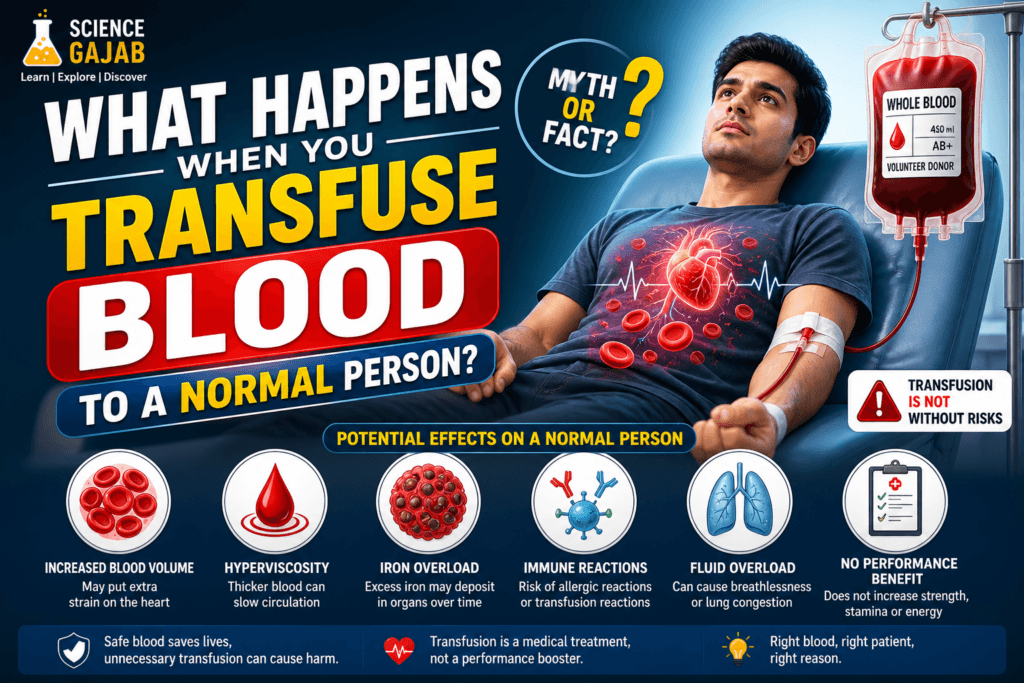 Featured image showing a man receiving a blood transfusion with bold title “What Happens When You Transfuse Blood to a Normal Person?”, highlighting risks like hyperviscosity, iron overload, immune reactions, fluid overload, and no performance benefit, with ScienceGajab branding.