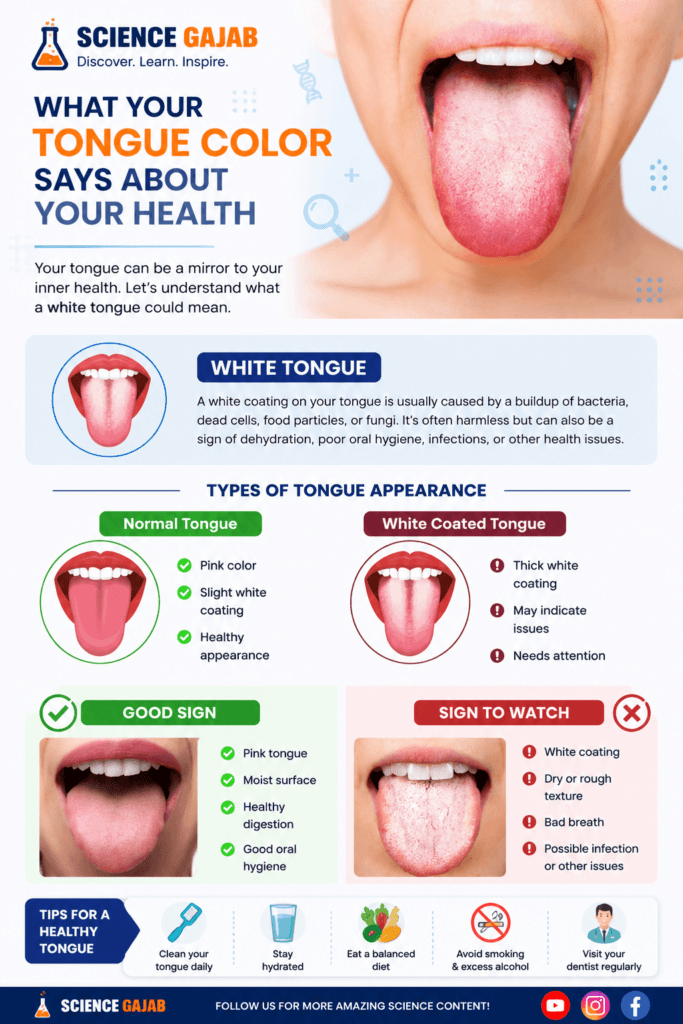 Educational infographic about white tongue and tongue health by ScienceGajab, showing a close-up of a tongue with white coating, comparison between normal tongue and white-coated tongue, warning signs, healthy oral hygiene tips, and medical explanations about tongue color and overall health.