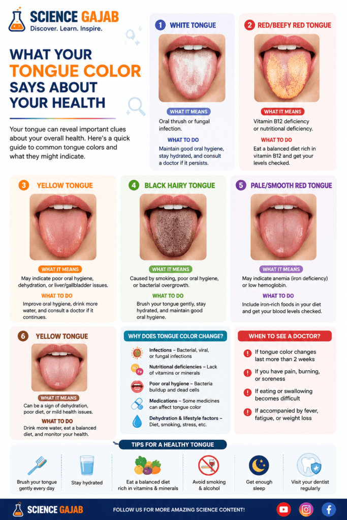 ScienceGajab medical infographic explaining different tongue colors and their possible health meanings, including white tongue, red tongue, yellow tongue, black hairy tongue, and pale smooth tongue, along with causes, warning signs, oral hygiene tips, and when to see a doctor.