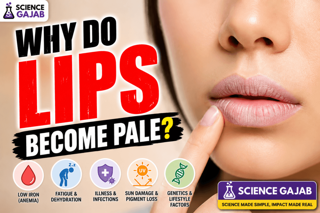 Close-up featured image showing pale lips with bold text “WHY DO LIPS BECOME PALE?” alongside medical icons representing anemia, dehydration, infections, sun damage, and genetic factors. Includes ScienceGajab branding in a high-contrast health infographic style designed