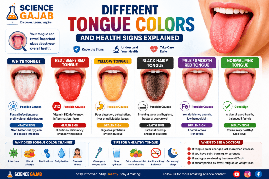 Different tongue colors and health signs explained with medical illustrations