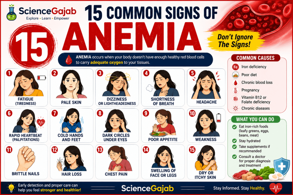 Infographic titled "15 Common Signs of Anemia" showing illustrations of common anemia symptoms, including fatigue, pale skin, dizziness, shortness of breath, headache, rapid heartbeat, cold hands and feet, dark circles under the eyes, poor appetite, weakness, brittle nails, hair loss, chest pain, swelling of the face or legs, and dry or itchy skin. The image also highlights common causes of anemia, healthy lifestyle tips, iron-rich foods, and features ScienceGajab branding.