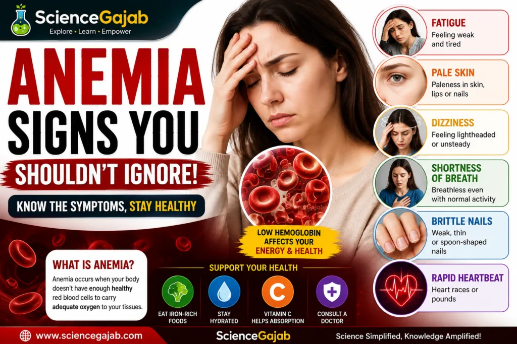 Infographic showing common signs of anemia including fatigue, pale skin, dizziness, shortness of breath, brittle nails, and rapid heartbeat.