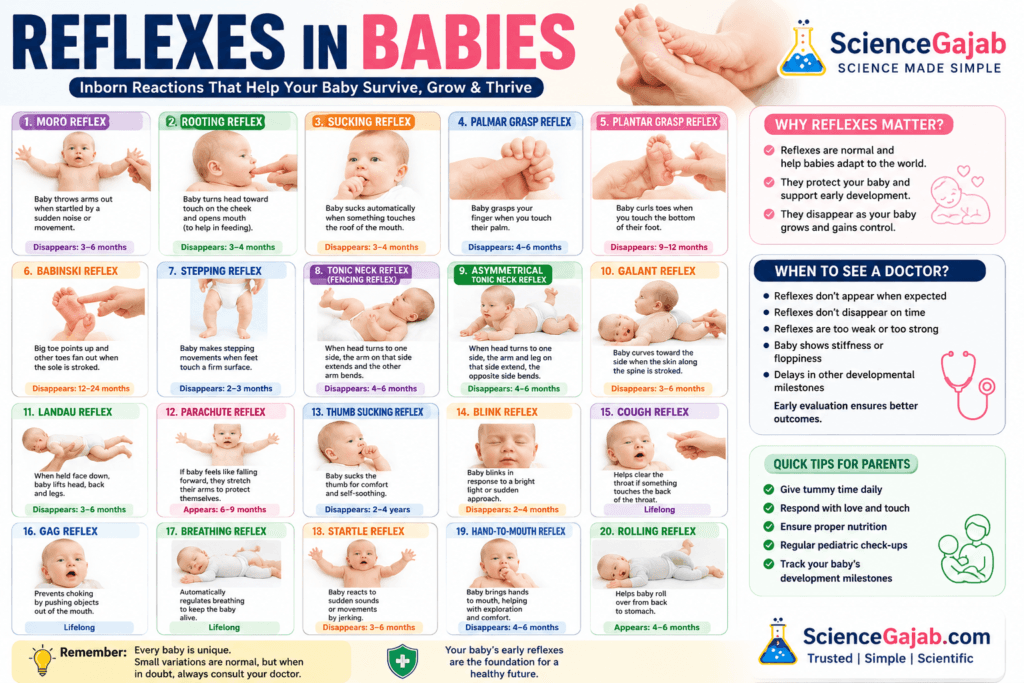 Educational infographic illustrating 20 common newborn and infant reflexes, including the Moro reflex, rooting reflex, sucking reflex, palmar grasp, plantar grasp, Babinski reflex, stepping reflex, tonic neck reflex, Galant reflex, Landau reflex, parachute reflex, blink reflex, cough reflex, gag reflex, and other normal baby reflexes. The graphic explains each reflex, its purpose, typical age of appearance and disappearance, warning signs that require medical evaluation, and parenting tips for healthy infant development.