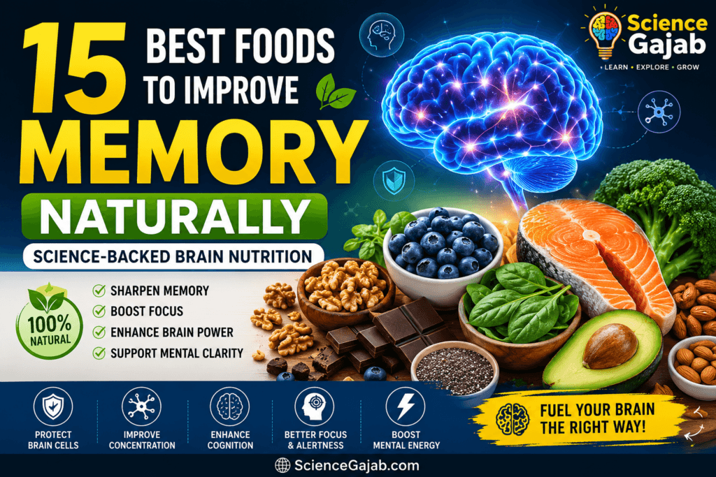 Featured image showing 15 best foods to improve memory naturally, including salmon, blueberries, walnuts, spinach, avocado, broccoli, dark chocolate, and almonds with a healthy brain illustration –