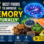 Featured image showing 15 best foods to improve memory naturally, including salmon, blueberries, walnuts, spinach, avocado, broccoli, dark chocolate, and almonds with a healthy brain illustration –