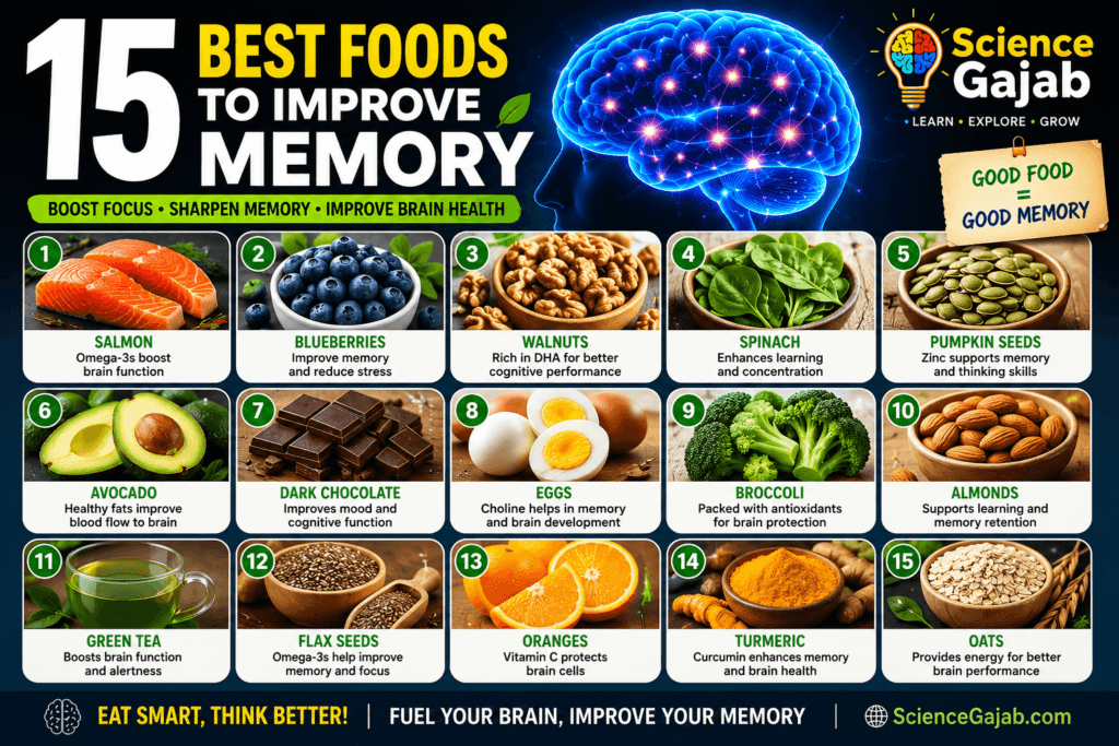 Brain nutrition infographic showing memory-boosting foods and cognitive health benefits with ScienceGajab branding.