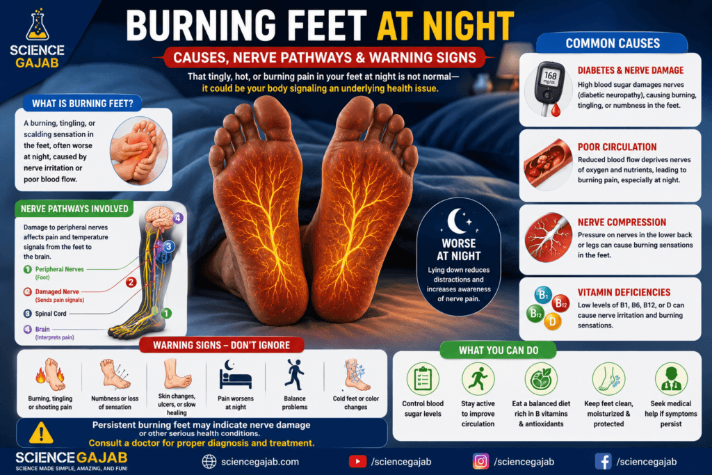 Medical illustration showing burning feet at night with nerve pathways, diabetes, poor circulation, and vitamin deficiency warning signs