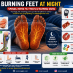 Medical illustration showing burning feet at night with nerve pathways, diabetes, poor circulation, and vitamin deficiency warning signs