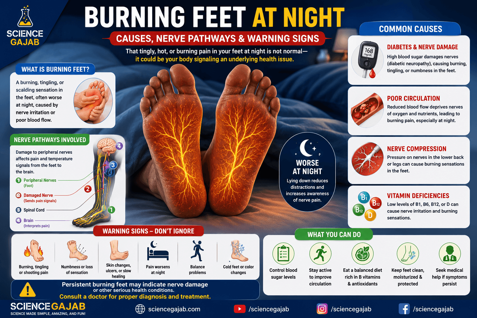Medical illustration showing burning feet at night with nerve pathways, diabetes, poor circulation, and vitamin deficiency warning signs