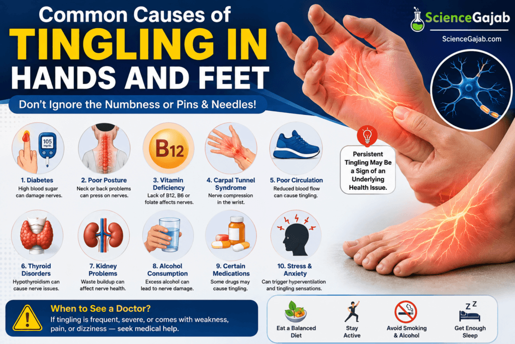Medical infographic titled "Common Causes of Tingling in Hands and Feet" showing realistic hands and feet with glowing nerves to represent numbness and pins-and-needles. The infographic illustrates 10 common causes: diabetes, poor posture, vitamin B12 deficiency, carpal tunnel syndrome, poor circulation, thyroid disorders, kidney disease, alcohol use, certain medications, and stress or anxiety. It also highlights warning signs that require medical attention and includes prevention tips such as eating a balanced diet, staying physically active, avoiding smoking and excessive alcohol, and getting adequate sleep. Branded with the ScienceGajab logo on a blue medical-themed background.