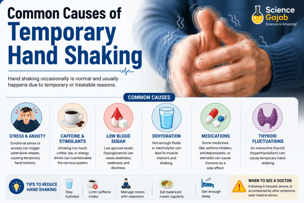 Medical infographic titled "Common Causes of Temporary Hand Shaking" showing a person with visibly trembling hands. The illustration highlights common temporary causes of hand tremors, including stress and anxiety, caffeine and stimulants, low blood sugar, dehydration, medications, and thyroid fluctuations. The bottom section provides tips to reduce hand shaking, such as staying hydrated, limiting caffeine, managing stress, eating balanced meals, and getting enough sleep. ScienceGajab branding appears in the top-right corner.