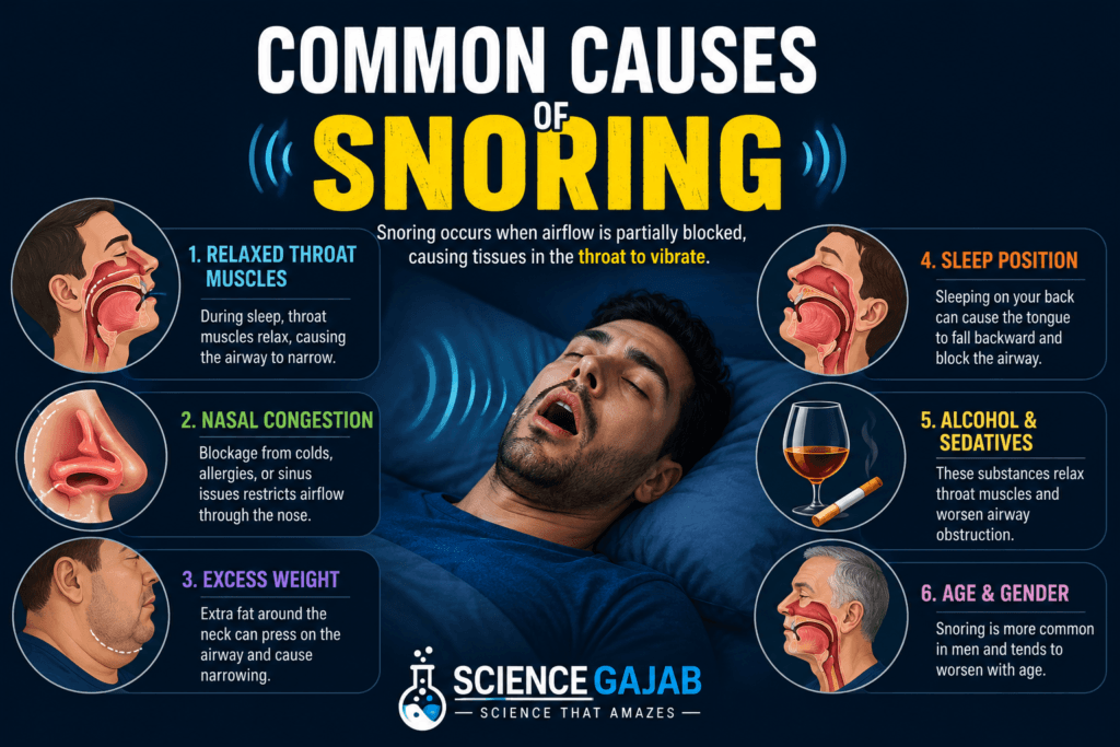 Educational infographic by ScienceGajab showing the common causes of snoring. The image features a sleeping man in the center with sound waves indicating snoring. Surrounding panels illustrate six major causes: relaxed throat muscles, nasal congestion, excess weight, sleeping position, alcohol and sedative use, and age-related airway changes. Medical cross-sections of the nose and throat demonstrate how airflow becomes restricted during sleep. The design uses a dark blue background with bright, high-contrast text and the ScienceGajab logo at the bottom.