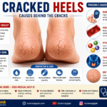 Medical illustration showing cracked heels with possible causes including diabetes, poor circulation, vitamin deficiencies, thyroid disorders, and dry skin.