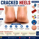 Medical illustration showing cracked heels with possible causes including diabetes, poor circulation, vitamin deficiencies, thyroid disorders, and dry skin.