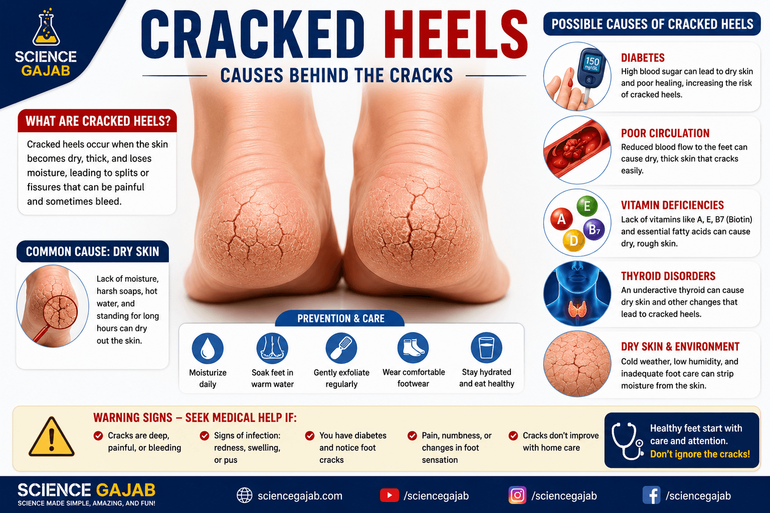 Medical illustration showing cracked heels with possible causes including diabetes, poor circulation, vitamin deficiencies, thyroid disorders, and dry skin.
