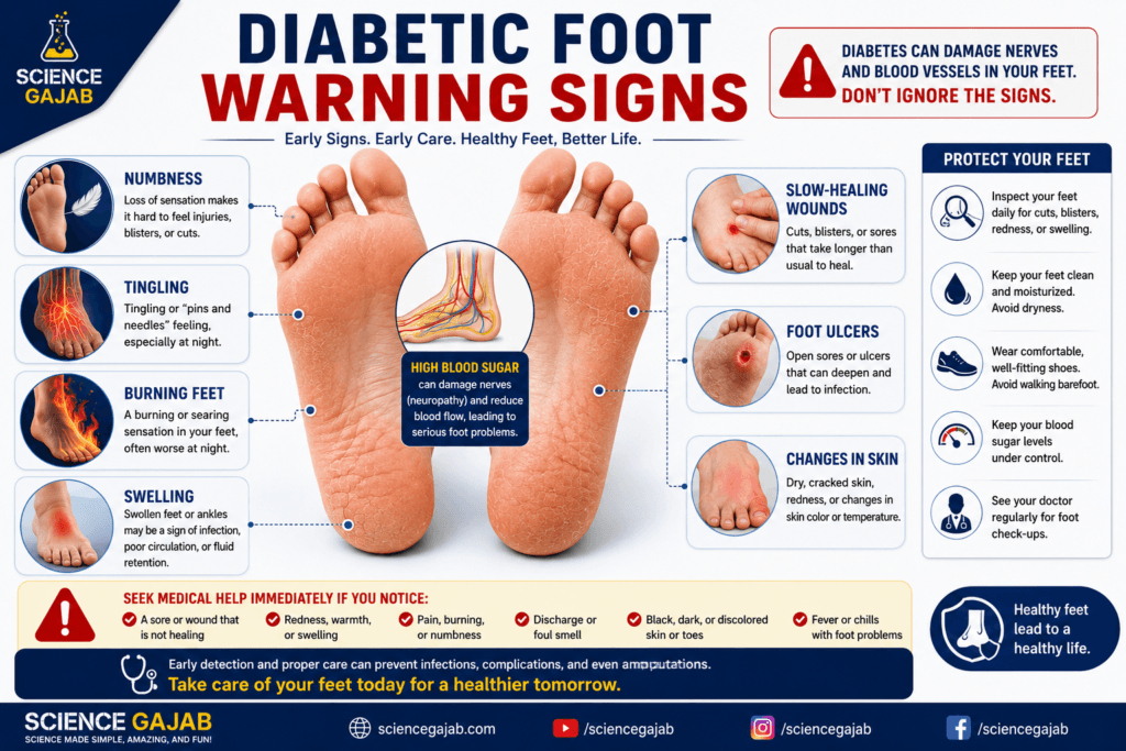 Medical illustration showing diabetic foot warning signs including numbness, tingling, burning feet, slow-healing wounds, swelling, and foot ulcers.