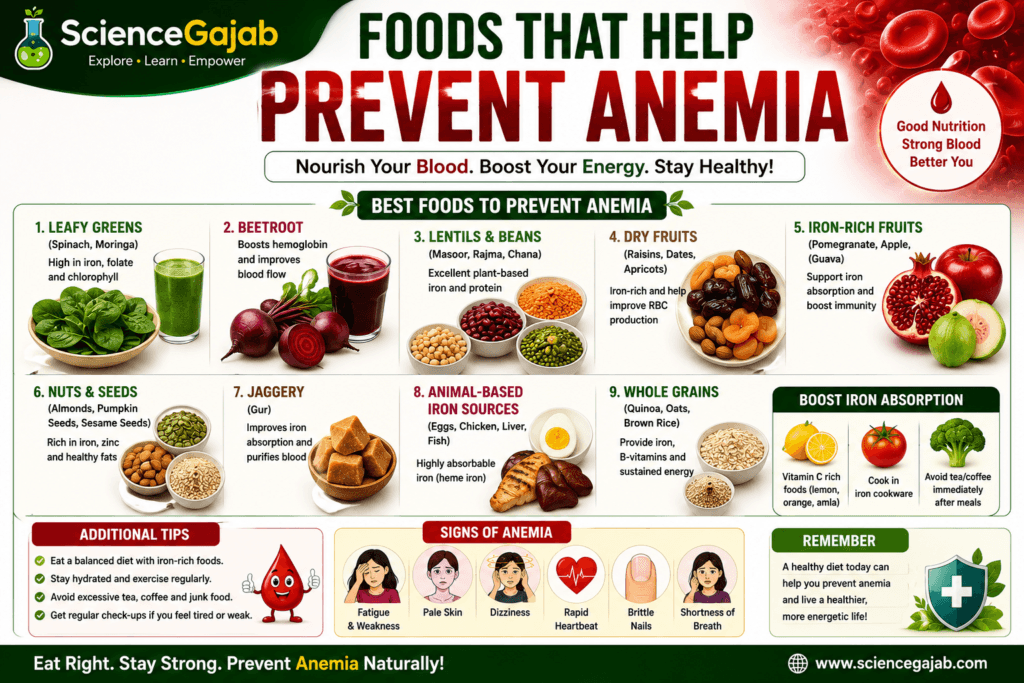 Infographic titled "Foods That Help Prevent Anemia" featuring iron-rich foods such as leafy greens, beetroot, lentils, beans, dried fruits, pomegranate, guava, nuts, seeds, jaggery, eggs, fish, lean meat, and whole grains. The image also includes tips to improve iron absorption with vitamin C-rich foods, common signs of anemia, healthy eating advice, and ScienceGajab branding.