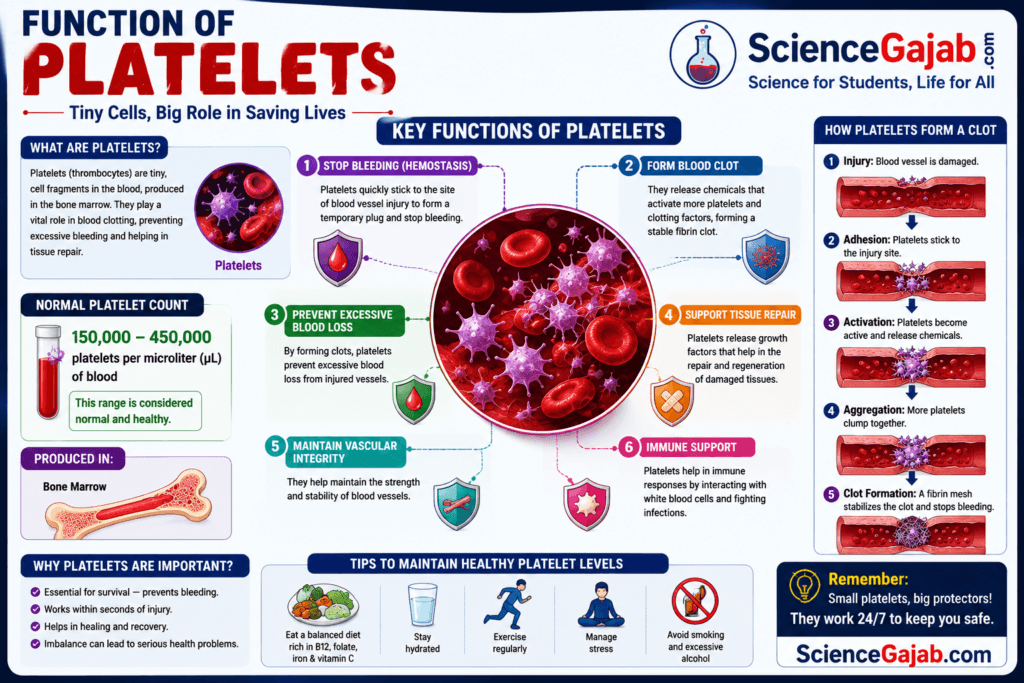 Function of Platelets – Educational medical infographic explaining the major functions of human platelets (thrombocytes), including blood clotting (hemostasis), stopping bleeding, preventing excessive blood loss, supporting tissue repair, maintaining blood vessel integrity, and contributing to immune defense. The infographic also illustrates the steps of blood clot formation, shows the normal platelet count (150,000–450,000/µL), identifies bone marrow as the site of platelet production, and includes healthy platelet maintenance tips. Branded with ScienceGajab on a clean blue medical-themed background