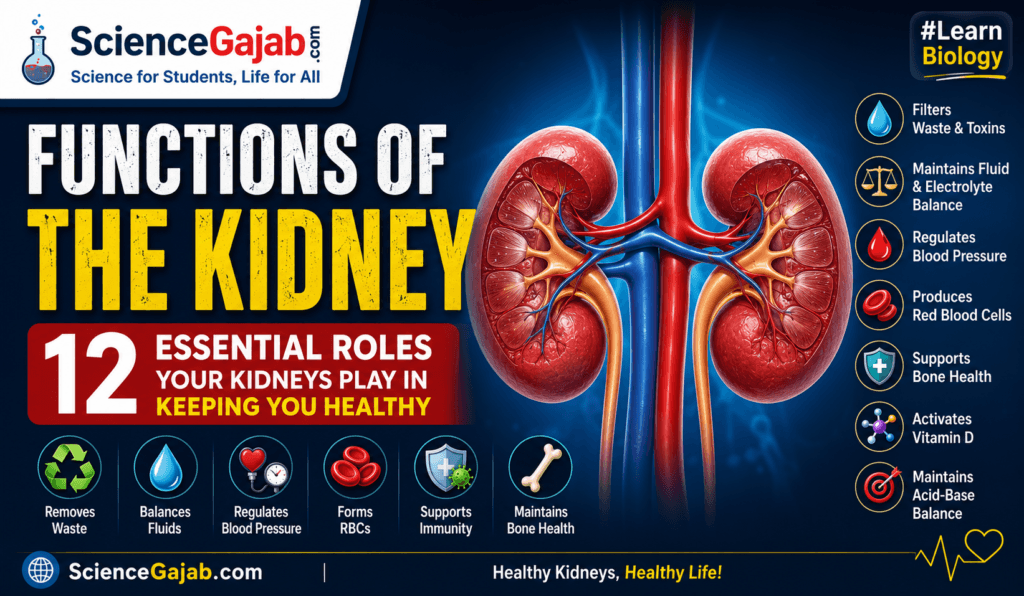 Functions of the Kidney: 12 Essential Roles Your Kidneys Play in Keeping You Healthy – Educational medical infographic featuring a detailed illustration of both human kidneys with labeled functions including filtering waste and toxins, maintaining fluid and electrolyte balance, regulating blood pressure, producing red blood cells, supporting bone health, activating vitamin D, and maintaining acid-base balance. The image has a blue medical background