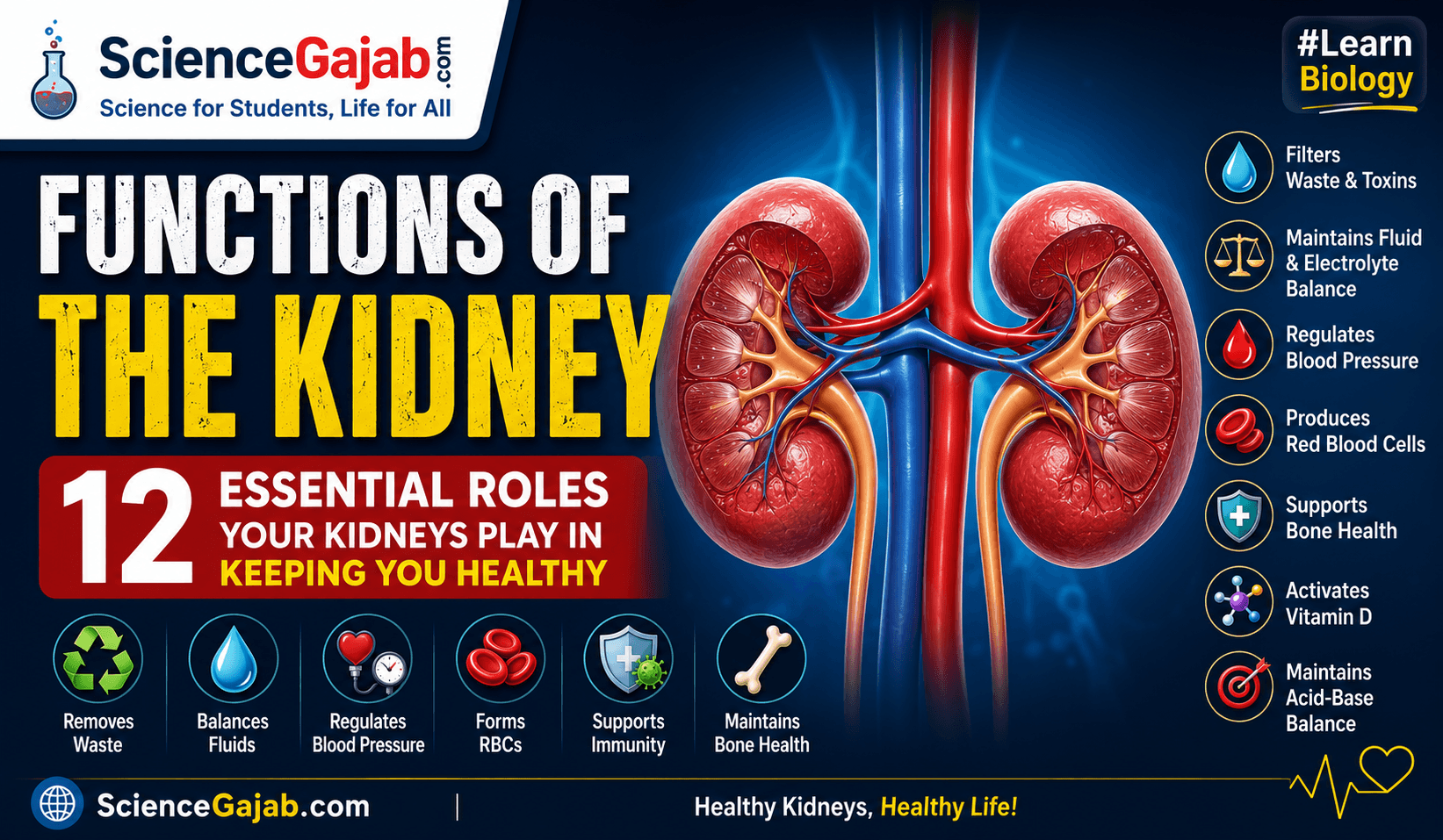 Functions of the Kidney: 12 Essential Roles Your Kidneys Play in Keeping You Healthy – Educational medical infographic featuring a detailed illustration of both human kidneys with labeled functions including filtering waste and toxins, maintaining fluid and electrolyte balance, regulating blood pressure, producing red blood cells, supporting bone health, activating vitamin D, and maintaining acid-base balance. The image has a blue medical background