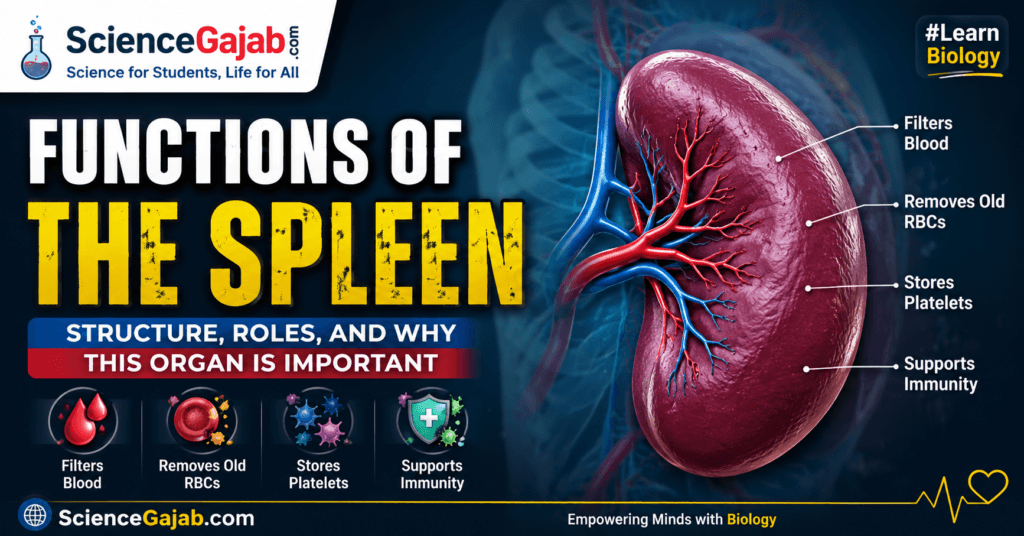 Functions of the Spleen: Structure, Roles, and Why This Organ Is Important – Medical infographic featuring a detailed human spleen with labeled functions including filtering blood, removing old red blood cells, storing platelets, and supporting the immune system