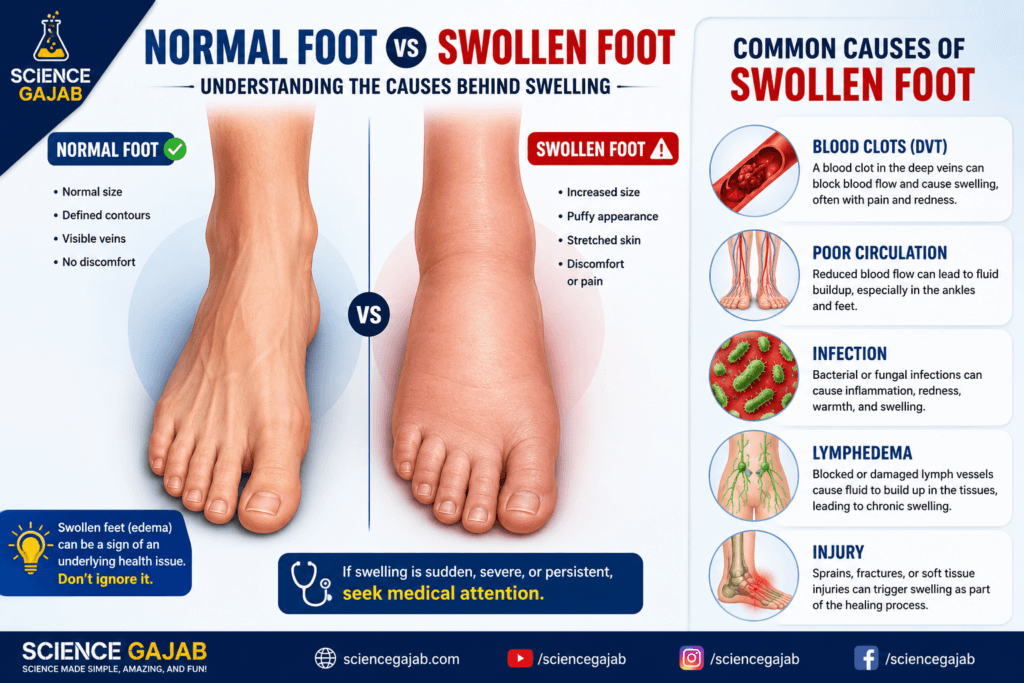 Medical illustration comparing a normal foot and a swollen foot, showing causes such as blood clots, poor circulation, infection, lymphedema, and injury.