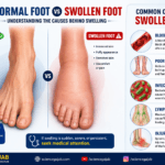 Medical illustration comparing a normal foot and a swollen foot, showing causes such as blood clots, poor circulation, infection, lymphedema, and injury.