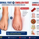 Medical illustration comparing a normal foot and a swollen foot, showing causes such as blood clots, poor circulation, infection, lymphedema, and injury.