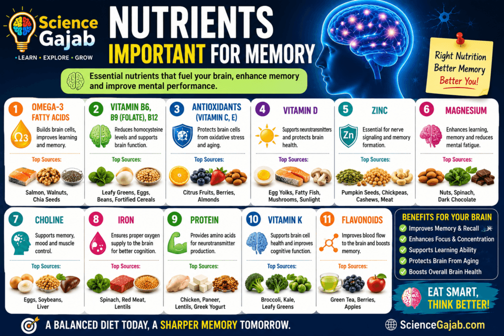 Infographic showing essential nutrients important for memory, including omega-3 fatty acids, B vitamins, antioxidants, vitamin D, zinc, magnesium, choline, iron, protein, vitamin K, and flavonoids with brain health benefits