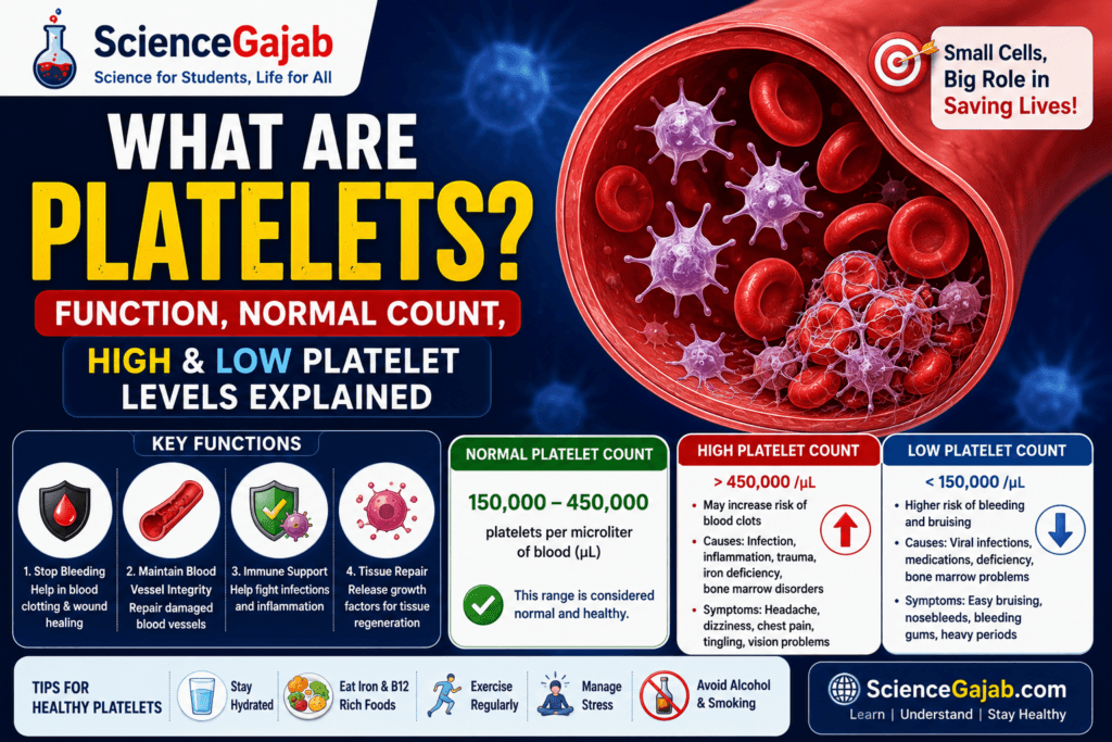 What Are Platelets? Function, Normal Count, High & Low Platelet Levels Explained – Educational medical infographic showing platelets inside a blood vessel with red blood cells and a blood clot. The image explains platelet functions, including blood clotting, wound healing, immune support, and tissue repair, along with the normal platelet count (150,000–450,000/µL), causes and symptoms of high and low platelet levels, and healthy platelet tips