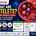 What Are Platelets? Function, Normal Count, High & Low Platelet Levels Explained – Educational medical infographic showing platelets inside a blood vessel with red blood cells and a blood clot. The image explains platelet functions, including blood clotting, wound healing, immune support, and tissue repair, along with the normal platelet count (150,000–450,000/µL), causes and symptoms of high and low platelet levels, and healthy platelet tips