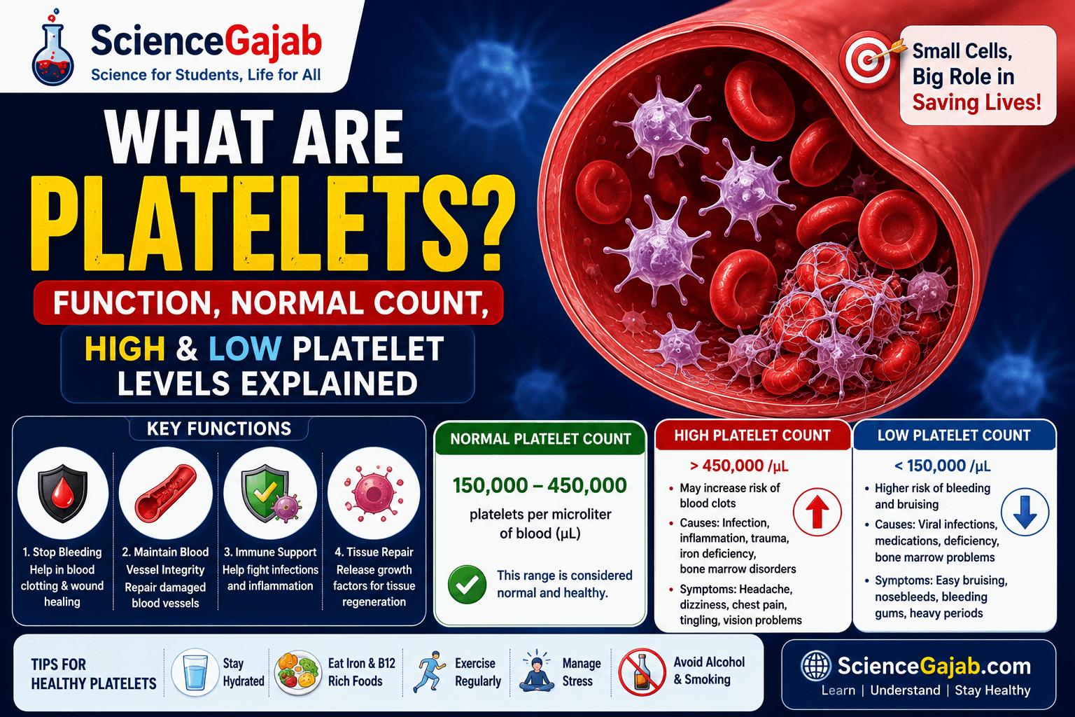 What Are Platelets? Function, Normal Count, High & Low Platelet Levels Explained – Educational medical infographic showing platelets inside a blood vessel with red blood cells and a blood clot. The image explains platelet functions, including blood clotting, wound healing, immune support, and tissue repair, along with the normal platelet count (150,000–450,000/µL), causes and symptoms of high and low platelet levels, and healthy platelet tips