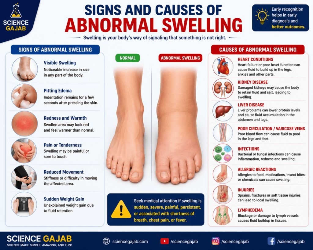 Medical infographic titled “Signs and Causes of Abnormal Swelling” by ScienceGajab. The image compares a normal foot with an abnormally swollen foot in the center. The left panel highlights signs of abnormal swelling, including visible swelling, pitting edema, redness and warmth, pain or tenderness, reduced movement, and sudden weight gain. The right panel explains common causes such as heart conditions, kidney disease, liver disease, poor circulation, varicose veins, infections, allergic reactions, injuries, and lymphedema. A warning box advises seeking medical attention for sudden, severe, painful, or persistent swelling. ScienceGajab branding and social media links are displayed at the bottom.