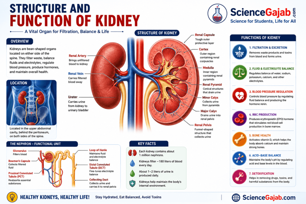 Structure and Function of the Kidney – Comprehensive medical infographic illustrating the anatomy of the human kidney with labeled structures including the renal capsule, cortex, medulla, renal pyramids, calyces, renal pelvis, renal artery, renal vein, ureter, and nephron. The infographic explains key kidney functions such as blood filtration, urine formation, fluid and electrolyte balance, blood pressure regulation, red blood cell production, vitamin D activation, acid-base balance, and detoxification