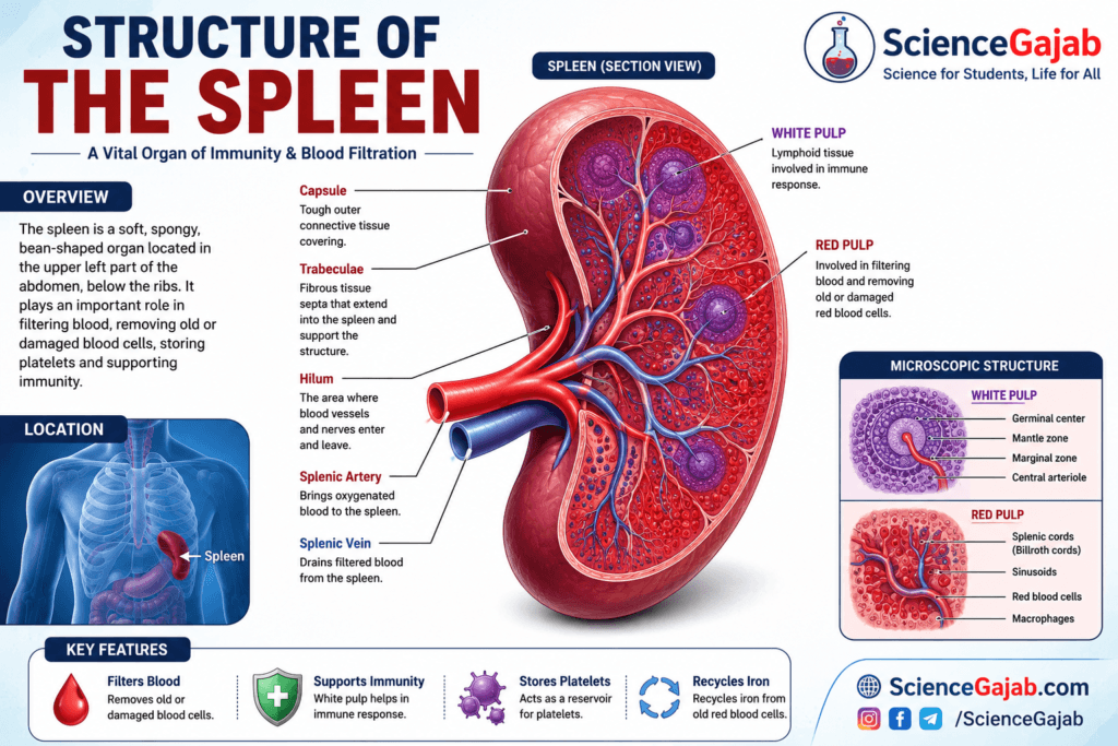 Structure of the Spleen – Detailed medical infographic showing the anatomy of the human spleen in cross-section with labeled parts including the capsule, trabeculae, hilum, splenic artery, splenic vein, white pulp, and red pulp. The illustration also highlights the spleen's location in the upper left abdomen, microscopic structure, and key functions such as blood filtration, immune defense, platelet storage, and iron recycling, with ScienceGajab branding.