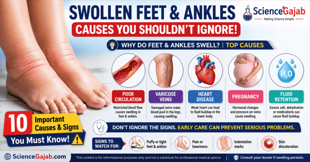 Medical illustration showing swollen feet and ankles with possible causes including poor circulation, varicose veins, heart disease, pregnancy, and fluid retention