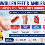Medical illustration showing swollen feet and ankles with possible causes including poor circulation, varicose veins, heart disease, pregnancy, and fluid retention