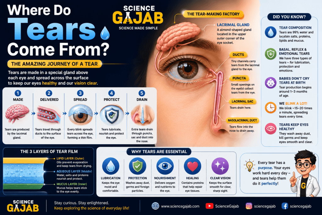 Educational infographic titled "Where Do Tears Come From?" showing the anatomy of the eye and tear-production system. The image highlights the lacrimal gland, tear ducts, puncta, lacrimal sac, and nasolacrimal duct, explaining how tears are produced, spread across the eye, protect and lubricate the surface, and eventually drain into the nose. Additional sections describe the three layers of the tear film and the essential functions of tears, including lubrication, protection, nourishment, healing, and maintaining clear vision.